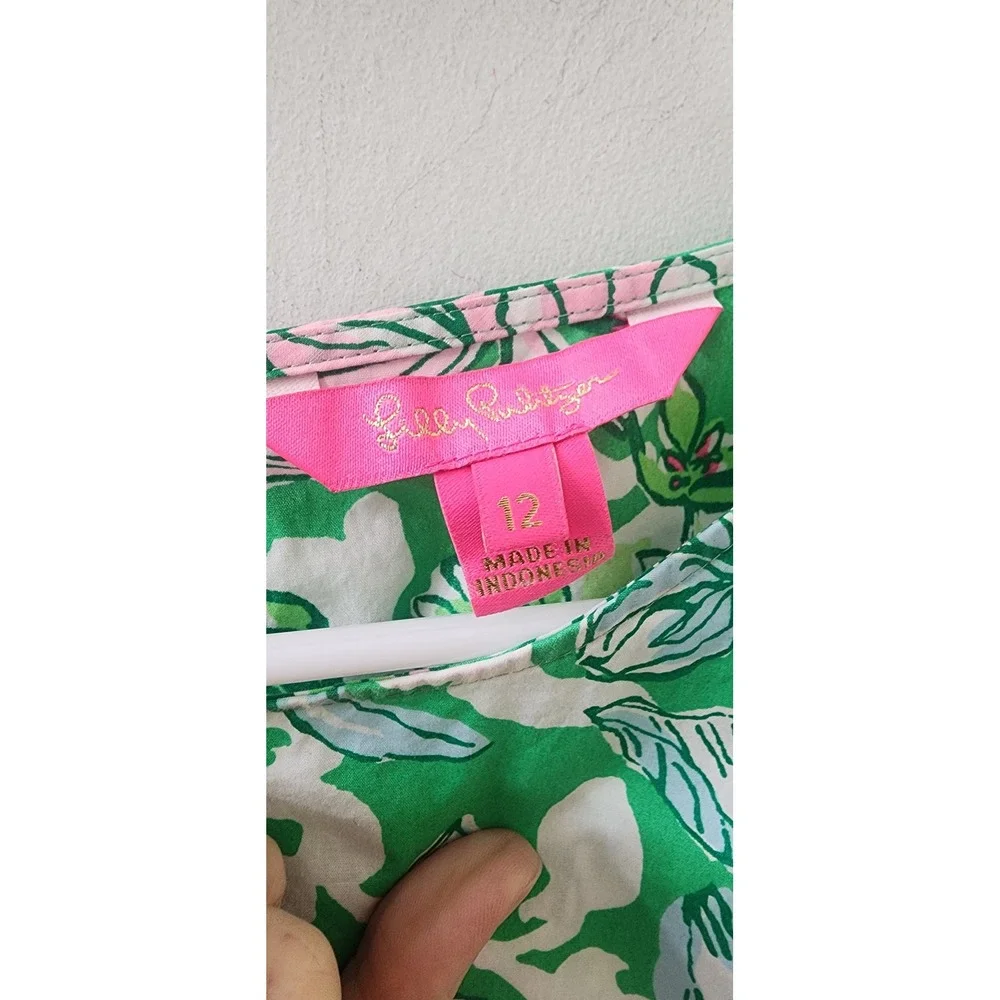 Lilly Pulitzer Green Pink Floral Cotton Puff Sleeve Blouse Top 013174 Size 12